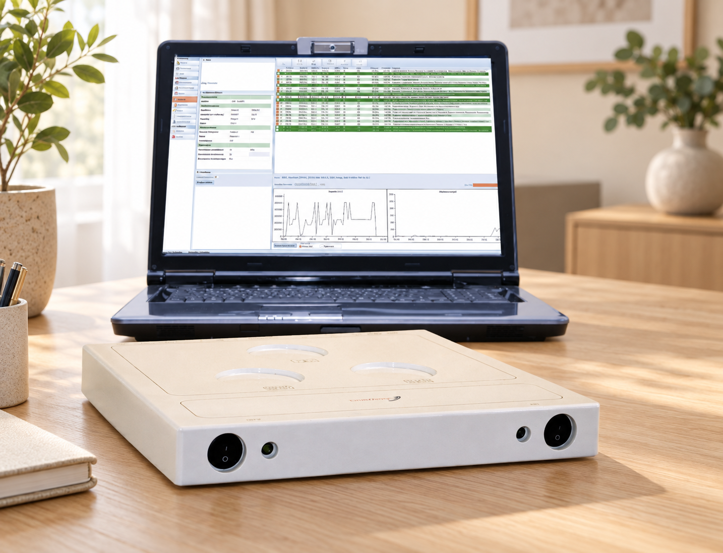 TimeWaver device with laptop and analysis software in a bright working environment