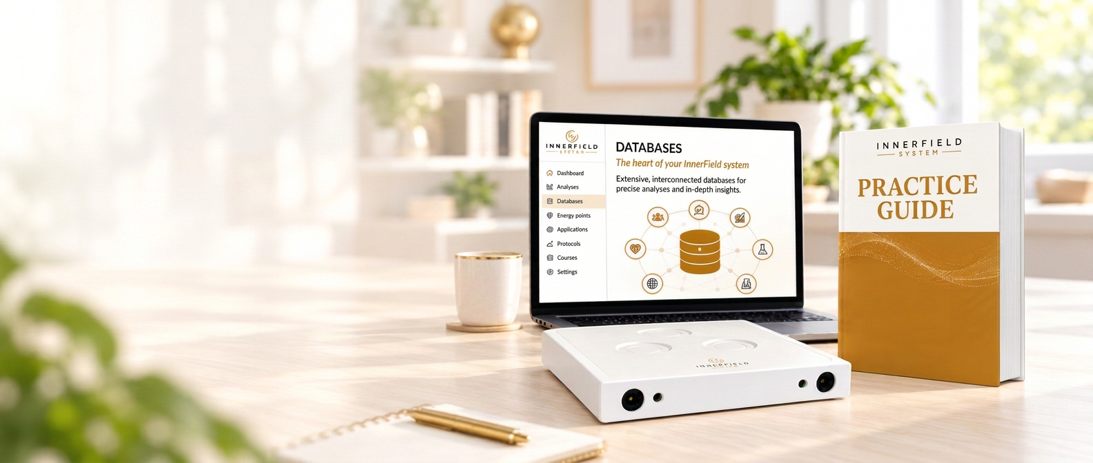 InnerField Analytics System with databases, practice guide and TimeWaver device in a bright working environment